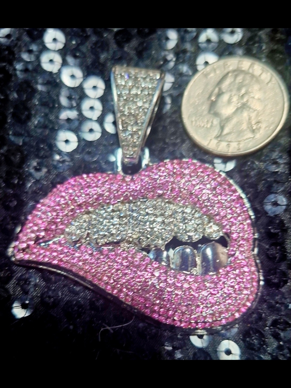 Pink Pave Lip Pendant Necklace with Silver Accents. Chunky.